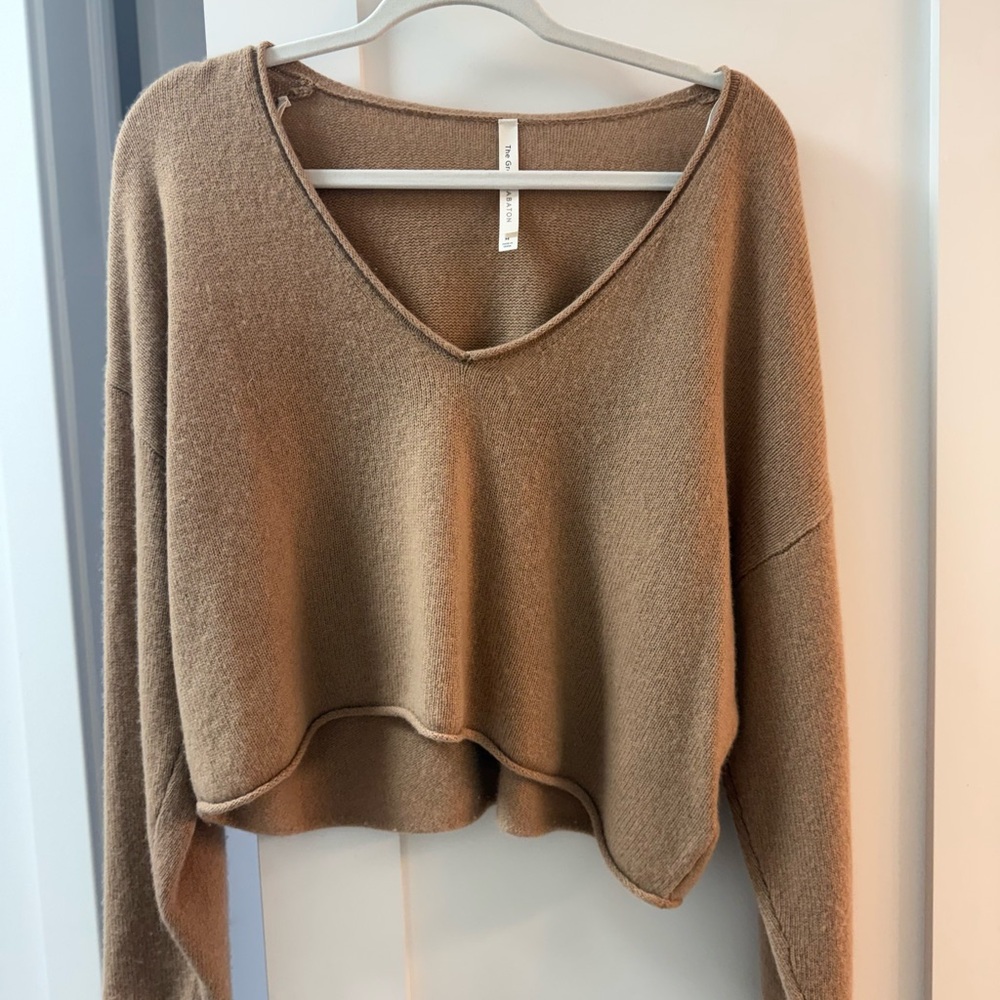 Aritzia V-Neck Cropped Sweater in Camel